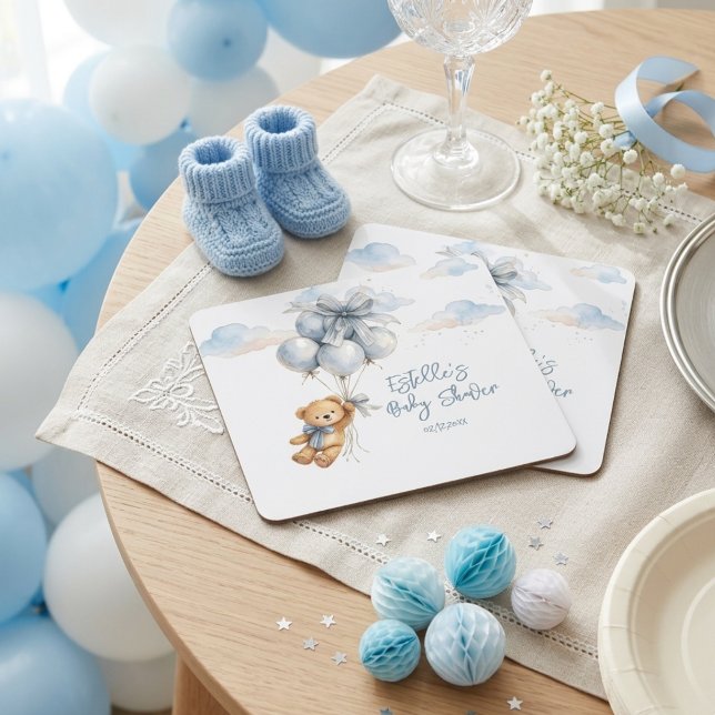 Posavasos Cuadrado De Papel Teddy Bear Blue Bow Balloons Clouds Baby Boy (Subido por el creador)
