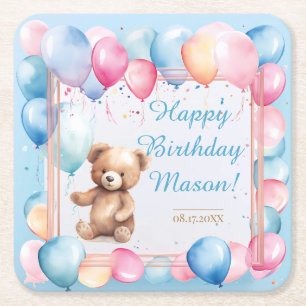 Posavasos Cuadrado De Papel Teddy Bear Colorous Balloon Beary First Birday