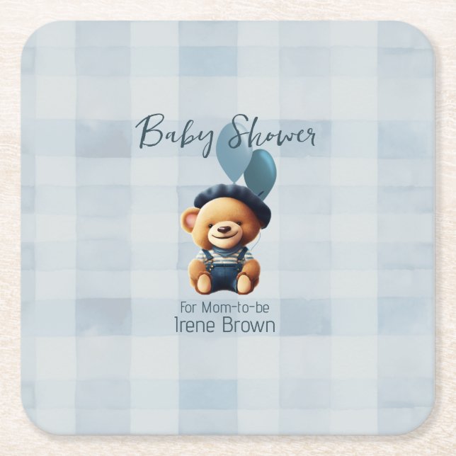 Posavasos Cuadrado De Papel Teddy Bear Jean Baby Shower Blue (Anverso)