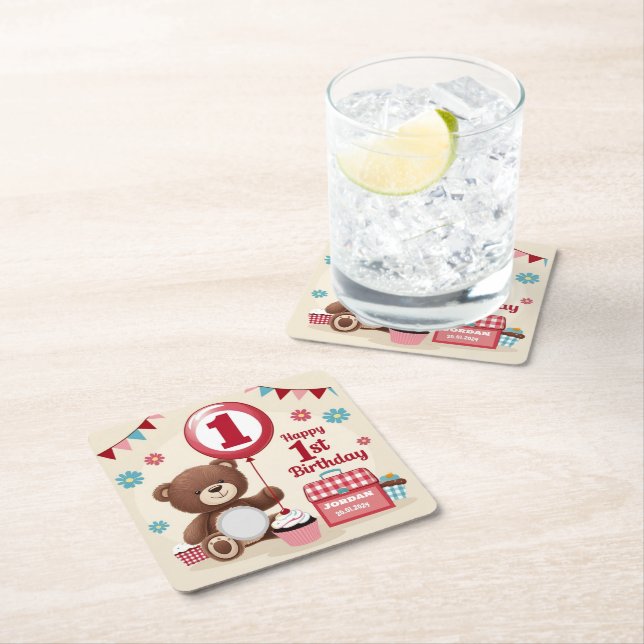 Posavasos Cuadrado De Papel Teddy Bear Picnic Feliz Primer Cumpleaños Plate de (In situ)