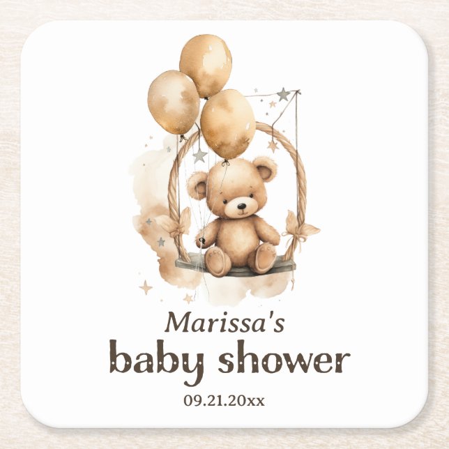 Posavasos Cuadrado De Papel Teddy Bear Sexo Neutral Baby Shower (Anverso)