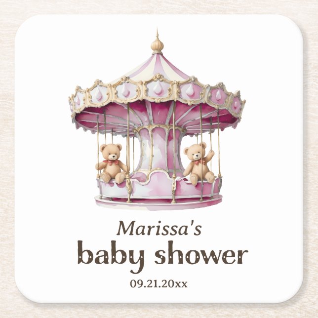 Posavasos Cuadrado De Papel Teddy Bear Twin Chica Baby Shower Papel de la mont (Anverso)