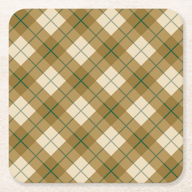 Posavasos Cuadrado De Papel Tela escocesa diagonal en oro con la raya verde (Anverso)