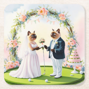 Posavasos Cuadrado De Papel Tema Boda de golf para los amantes del gato