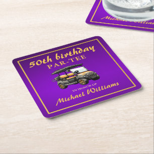 Posavasos Cuadrado De Papel Tema de Golf Elegante Carrito Morado Dorado Cumple