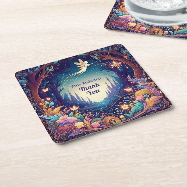 Posavasos Cuadrado De Papel Tema del Fiesta de hadas brillantes - cuento de ha (En perspectiva)