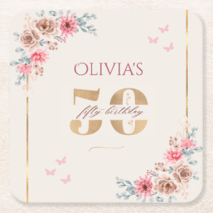 Posavasos Cuadrado De Papel Tema floral 50 cumpleaños