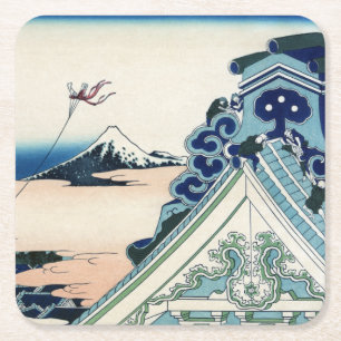 Posavasos Cuadrado De Papel Templo de Honganji Vista del Mt. Fuji Grabado en m