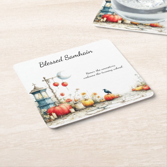 Posavasos Cuadrado De Papel Temporadas místicas | Samhain Witchy Design (En perspectiva)
