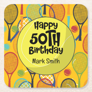 Posavasos Cuadrado De Papel Tenis 50º cumpleaños con nombre en raqueta tema