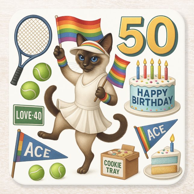 Posavasos Cuadrado De Papel Tenis 50 años para los amantes del gato (Anverso)