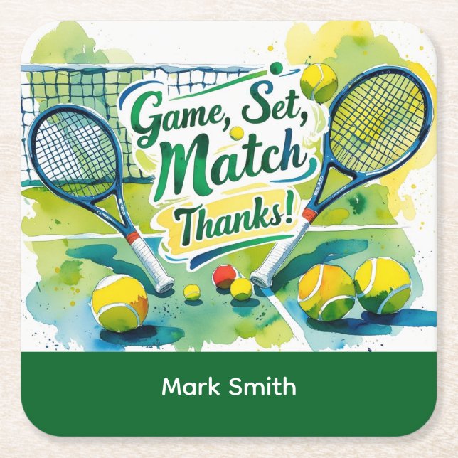 Posavasos Cuadrado De Papel Tenis Gracias fiesta con raqueta y pelota (Anverso)