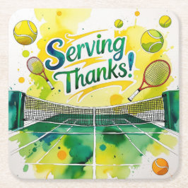 Posavasos Cuadrado De Papel Tenis Gracias fiesta con raqueta y pelota