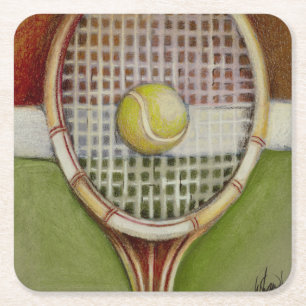 Posavasos Cuadrado De Papel Tenis Racket con bolas en pista