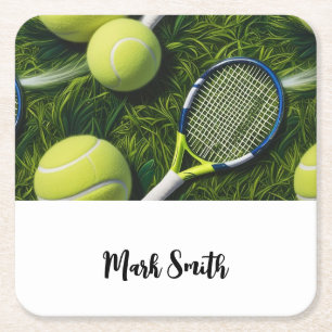 Posavasos Cuadrado De Papel Tenis Tema con pelota y raqueta