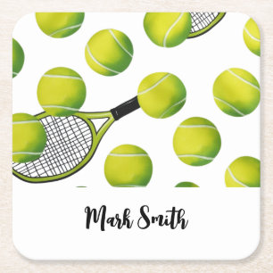 Posavasos Cuadrado De Papel Tenis Tema con pelota y raqueta