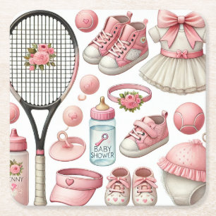 Posavasos Cuadrado De Papel Tenis tema de Baby Shower para Chica con tema rosa