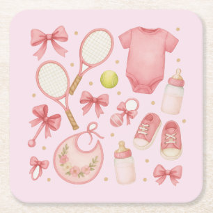 Posavasos Cuadrado De Papel Tennis Baby Girl en un tema rosado con raqueta