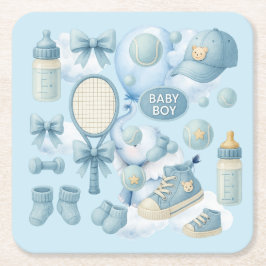 Posavasos Cuadrado De Papel Tennis Baby Shower for Baby Boy Blue themed