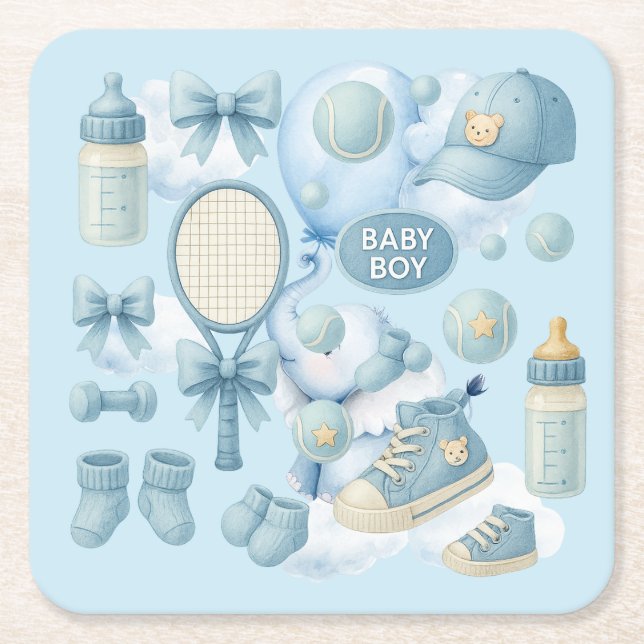 Posavasos Cuadrado De Papel Tennis Baby Shower for Baby Boy Blue themed (Anverso)