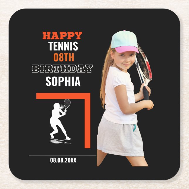 Posavasos Cuadrado De Papel Tennis Birthday, Tennis Girl Player Backdrops (Anverso)