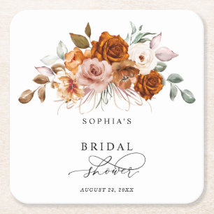 Posavasos Cuadrado De Papel Terracota Naranja Quemada Lluvia de Novia Floral