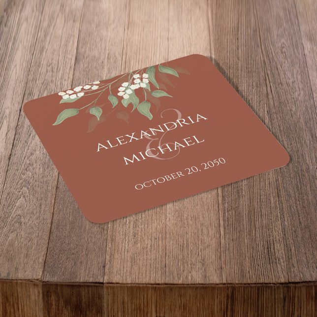 Posavasos Cuadrado De Papel Terracotta Elegante Verdor Caligrafía Ampersand (Terracotta simple greenery floral paper coaster with calligraphy ampersand. )