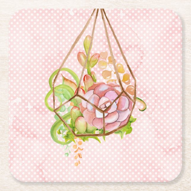 Posavasos Cuadrado De Papel Terrario De Suculentos Rosa (Anverso)