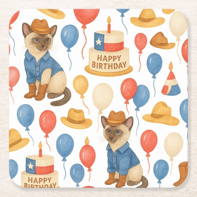 Posavasos Cuadrado De Papel Texas Birthday Themed for Cat Lovers  (Anverso)