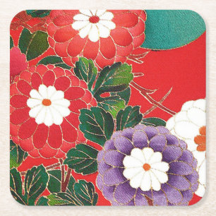 Posavasos Cuadrado De Papel Textil japonés vintage - Dahlias rojas