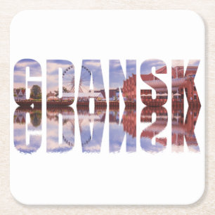 Posavasos Cuadrado De Papel Texto de Gdansk con vista al casco antiguo con ref