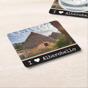 Posavasos Cuadrado De Papel Texto personalizado, viviendas trulli en Alberobel