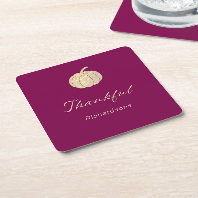Posavasos Cuadrado De Papel Thankful Glitter Pumpkin burgundy Thanksgiving (En perspectiva)