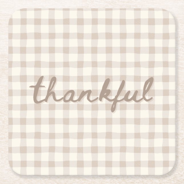 Posavasos Cuadrado De Papel Thankful Neutral Tan Gingham  (Anverso)