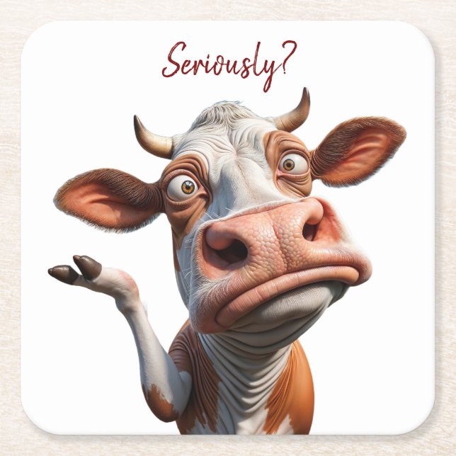 Posavasos Cuadrado De Papel The Silly Cow - "¿En serio?" Diseño de comillas di (Anverso)
