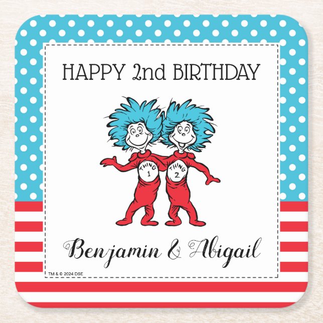 Posavasos Cuadrado De Papel Thing One Thing Two | Cumpleaños de Gemelos (Anverso)