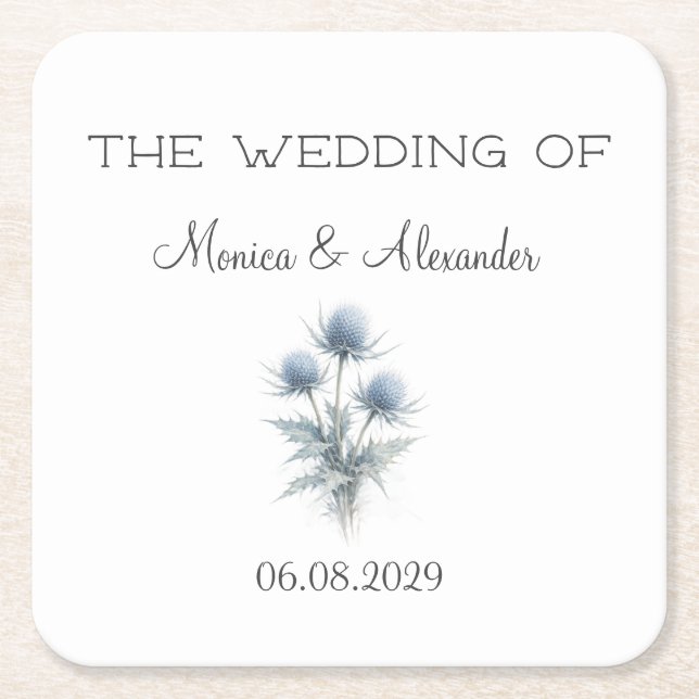 Posavasos Cuadrado De Papel Thistle Floral Scottish Scotland Wedding (Anverso)