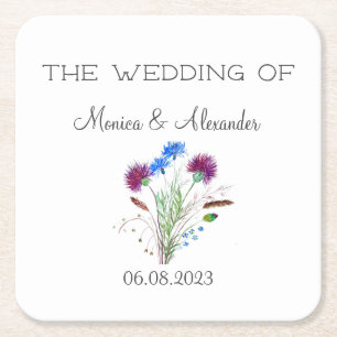 Posavasos Cuadrado De Papel Thistle Floral Scottish Watercolor Wedding Party