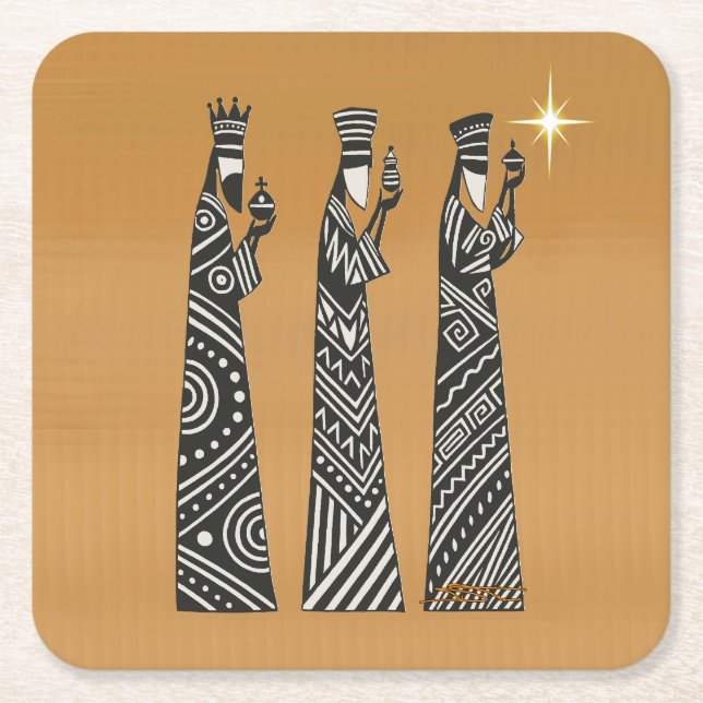 Posavasos Cuadrado De Papel Three Wise Men Black & White Christmas Nativity (Anverso)