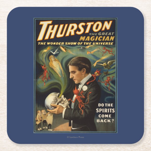 Posavasos Cuadrado De Papel Thurston el gran mago que sostiene el cráneo (Anverso)