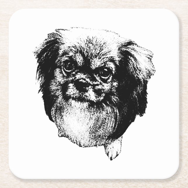 Posavasos Cuadrado De Papel Tibetan Spaniel Coaster – Monochrome Dog Art (Anverso)