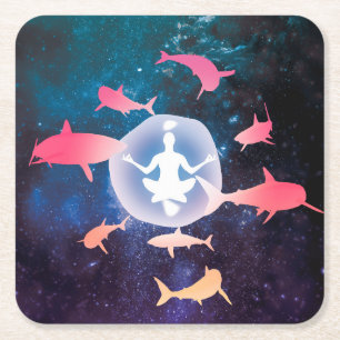 Posavasos Cuadrado De Papel Tiburones espaciales y arte de meditación