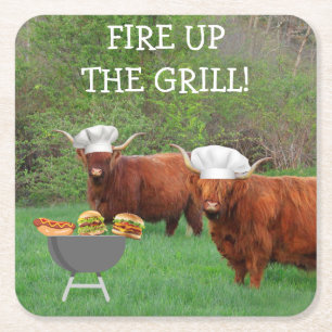 Posavasos Cuadrado De Papel Tiempo divertido de parrillada Highland Steer
