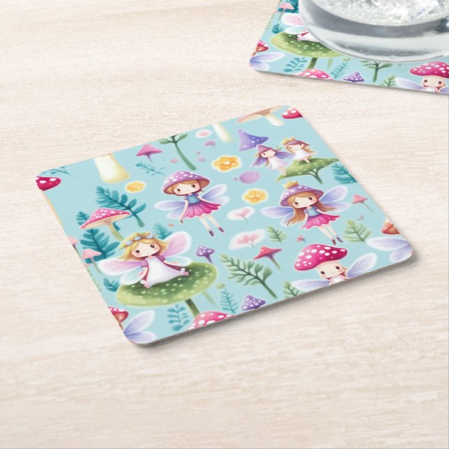 Posavasos Cuadrado De Papel Tierra de hadas, hojas y hongos (En perspectiva)