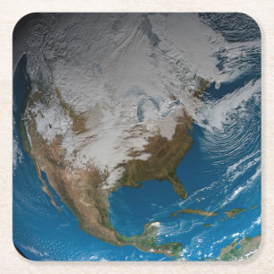 Posavasos Cuadrado De Papel Tierra Fuerte con nubes simuladas sobre Norteaméri