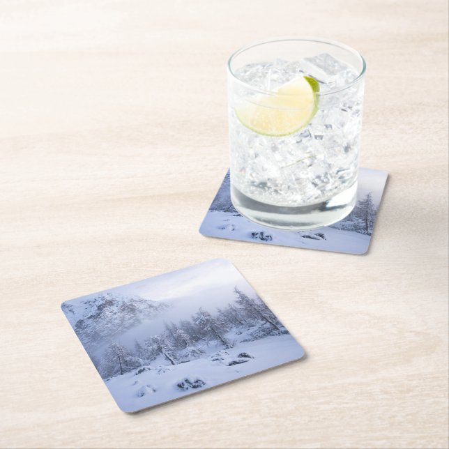 Posavasos Cuadrado De Papel Tierras maravillosas del invierno, niebla, bosque  (In situ)