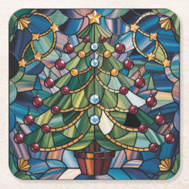 Posavasos Cuadrado De Papel Tiffany-Style Stained Glass Christmas Tree
