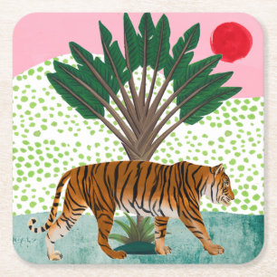 Posavasos Cuadrado De Papel Tigre al atardecer