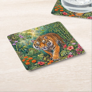 Posavasos Cuadrado De Papel Tigre de Bengala Jungla de Bambú Vibrante
