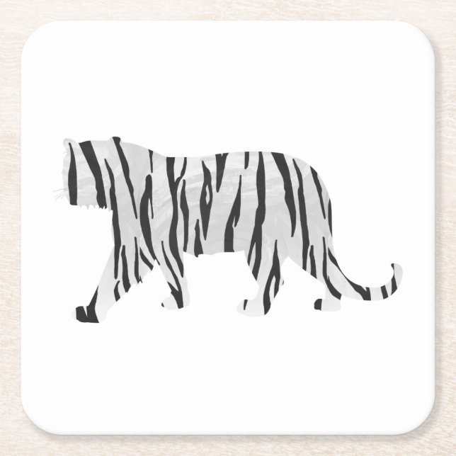 Posavasos Cuadrado De Papel Tigre de silueta negro y blanco (Anverso)